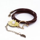 Multilayer Leather Leaf Pendant Bracelet Velvet Chain Imitation Pearl Charm Bracelet (Yellow)