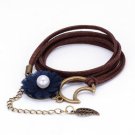 Multilayer Leather Leaf Pendant Bracelet Velvet Chain Imitation Pearl Charm Bracelet (Dark Blue)