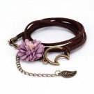 Multilayer Leather Leaf Pendant Bracelet Velvet Chain Imitation Pearl Charm Bracelet (Rose)