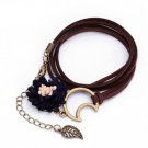 Multilayer Leather Leaf Pendant Bracelet Velvet Chain Imitation Pearl Charm Bracelet (Black)