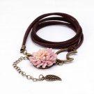 Multilayer Leather Leaf Pendant Bracelet Velvet Chain Imitation Pearl Charm Bracelet (Pink 2)
