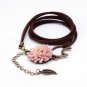 Multilayer Leather Leaf Pendant Bracelet Velvet Chain Imitation Pearl Charm Bracelet (Pink 2)