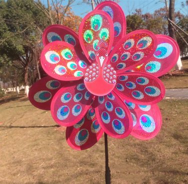 Double Layer Peacock Laser Sequins Windmill Colourful Wind Spinner Home Garden (Pink)