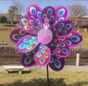 Double Layer Peacock Laser Sequins Windmill Colourful Wind Spinner Home Garden (Purple)