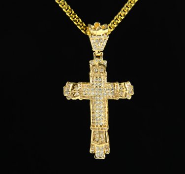 GOLDEN BLING JESUS GOD BLESSING NECKLACES JEWELRY CRYSTAL CROSSING PENDANTS