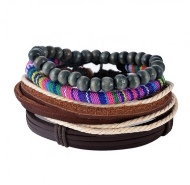 1Set (3-4PCs) Leather Bracelet Multilayer Bead Bracelet Punk Wrap Bracelets (02430)