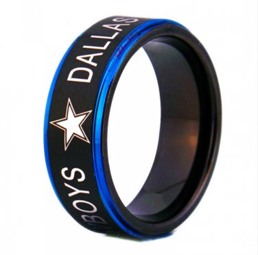 Black Matte Center with Blue Step Eage Dallas Cowboys Design Tungsten Comfort Fit Ring