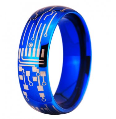 Shiny Blue Dome CIRCUIT BOARD Design New Men's Fashion Tungsten Ring