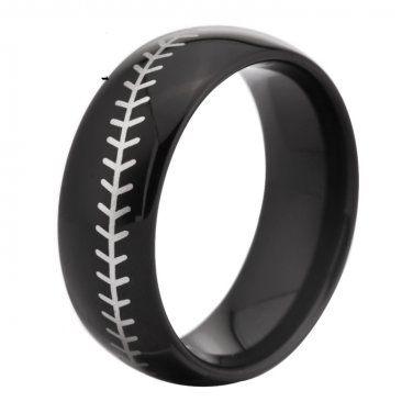 Black Dome with White Baseball Stitch Comfort Men's Fashion Tungsten Wedding Ring