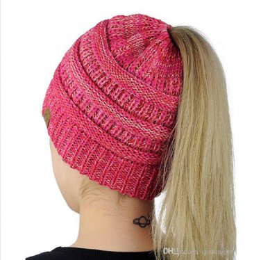 High Bun Ponytail Stretchy Knit Beanie Skull Hat women warm hat CC Trendy Warm winter knitted (F)