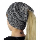 High Bun Ponytail Stretchy Knit Beanie Skull Hat women warm hat CC Trendy Warm winter knitted (E)