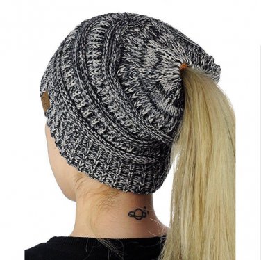 High Bun Ponytail Stretchy Knit Beanie Skull Hat women warm hat CC Trendy Warm winter knitted (E)