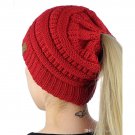 High Bun Ponytail Stretchy Knit Beanie Skull Hat women warm hat CC Trendy Warm winter knitted (B)