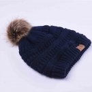 Winter hats faux fur pom pom female knitted skullies casual hat solid autumn ski beanies (Blue)
