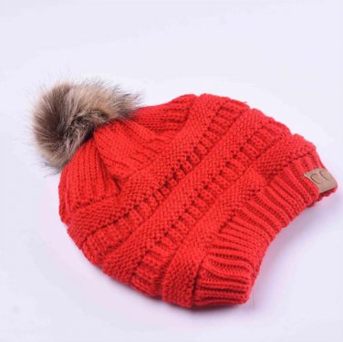Winter hats faux fur pom pom female knitted skullies casual hat solid autumn ski beanies (Red)