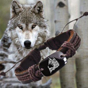 1pcs Wolf 7 Vintage Braided Woven Rope Leather Unisex Bracelet Yak Bone Carved Logo