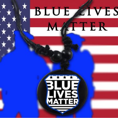 Blue Lives Matter3 Vintage Braided Woven Rope Leather Unisex Necklace Yak Bone Carved Logo