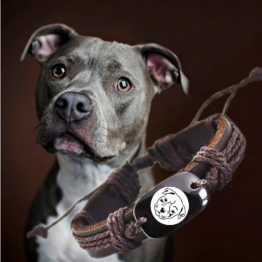 Pitbull1 Vintage Braided Woven Rope Leather Unisex Bracelet Yak Bone Carved Logo