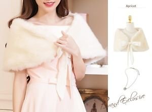 NEW Formal Dress Champagne Wedding Fur Bolero Shawls Shrug Size L with Ribbons