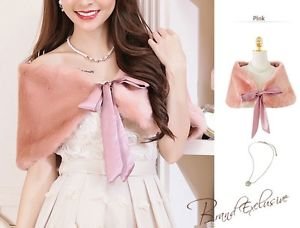 NEW Pink Faux Formal Fur Shrug Bridal Shawl Bolero Size M with Ribbon Ship Fast