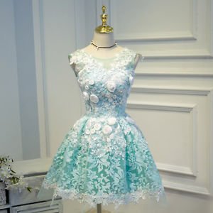 Hej!Fika Formal Party Dress Tulle Pouf A-Line Aqua Green Floral Applique Lace Up