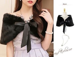 One Size Black Deluxe Wedding Faux Fur Shawl Bridal Wrap Bolero Shrug Ribbons