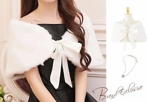 NEW Deluxe Bridal Wrap Faux Fur Shawl Ivory Size M Wedding Shrug Bolero Ribbons
