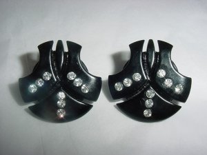 Vintage LUCITE Black Rhinestones Huge Fan Earrings FREE SHIPPING