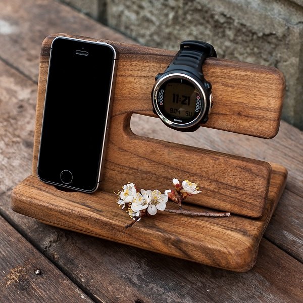 iPhone stand, iPhone support, watch wooden holder, male organizer