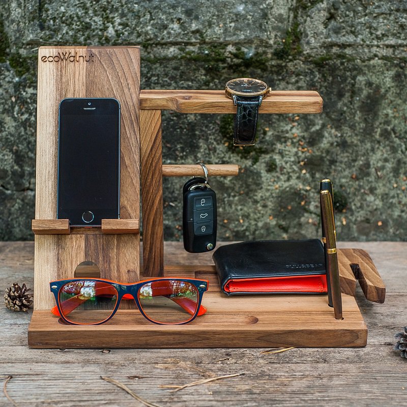 Male organizer, iPhone stand, iPhone base, iPhone wooden base, watch wooden holder