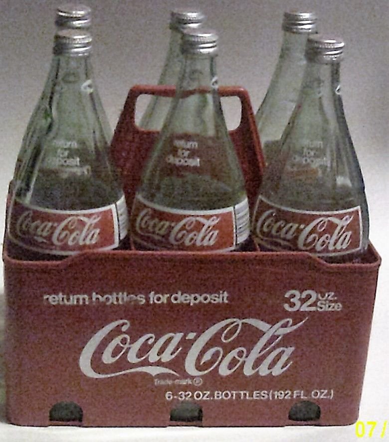 Coke Coca Cola 32 ounce Glass Bottle 6 pack in Plastic 6 pack Carrier w ...