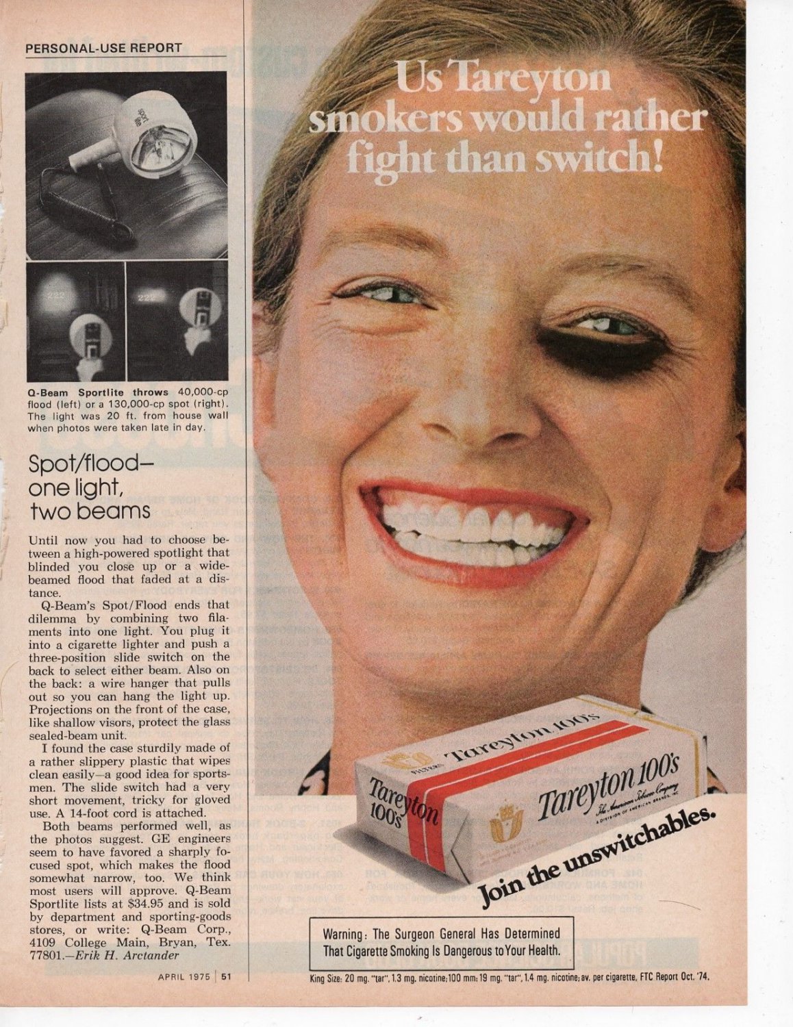 Tareyton Cigarettes unswitchable vintage Print Ad April 1975