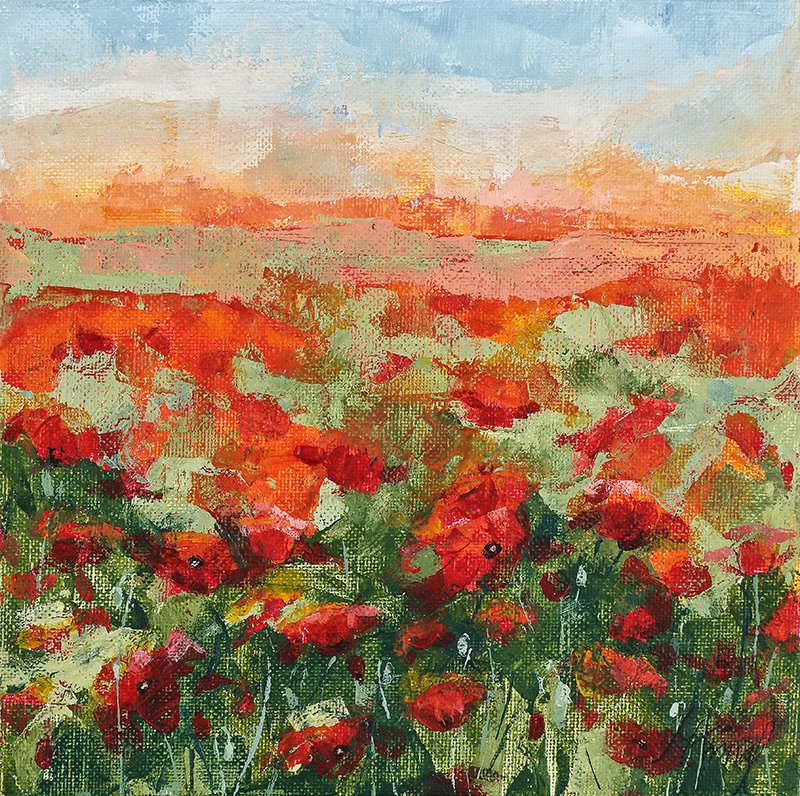 Modern original acrylic painting sunset over poppy field-new