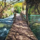 Original oil landscape wooden bridge spring river water reflection-new
