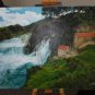 Original oil landscape waterfall spring river water mill waves old house architecture-new
