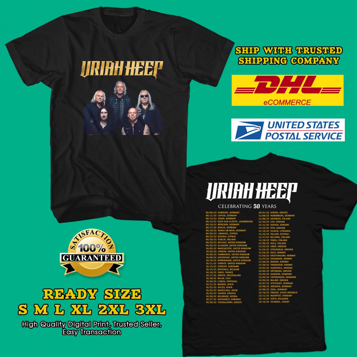 Get 2022 Tour Uriah Heep 50th Anniversary World Tour 2022 Black Tee W Date Cpt02