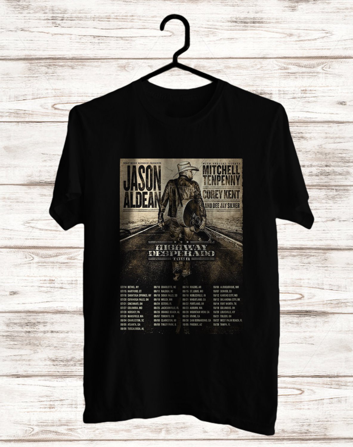 JASON ALDEAN HIGHWAY DESPERADO TOUR DATE 2023 FRONT SIDE BLACK TEE ADL01