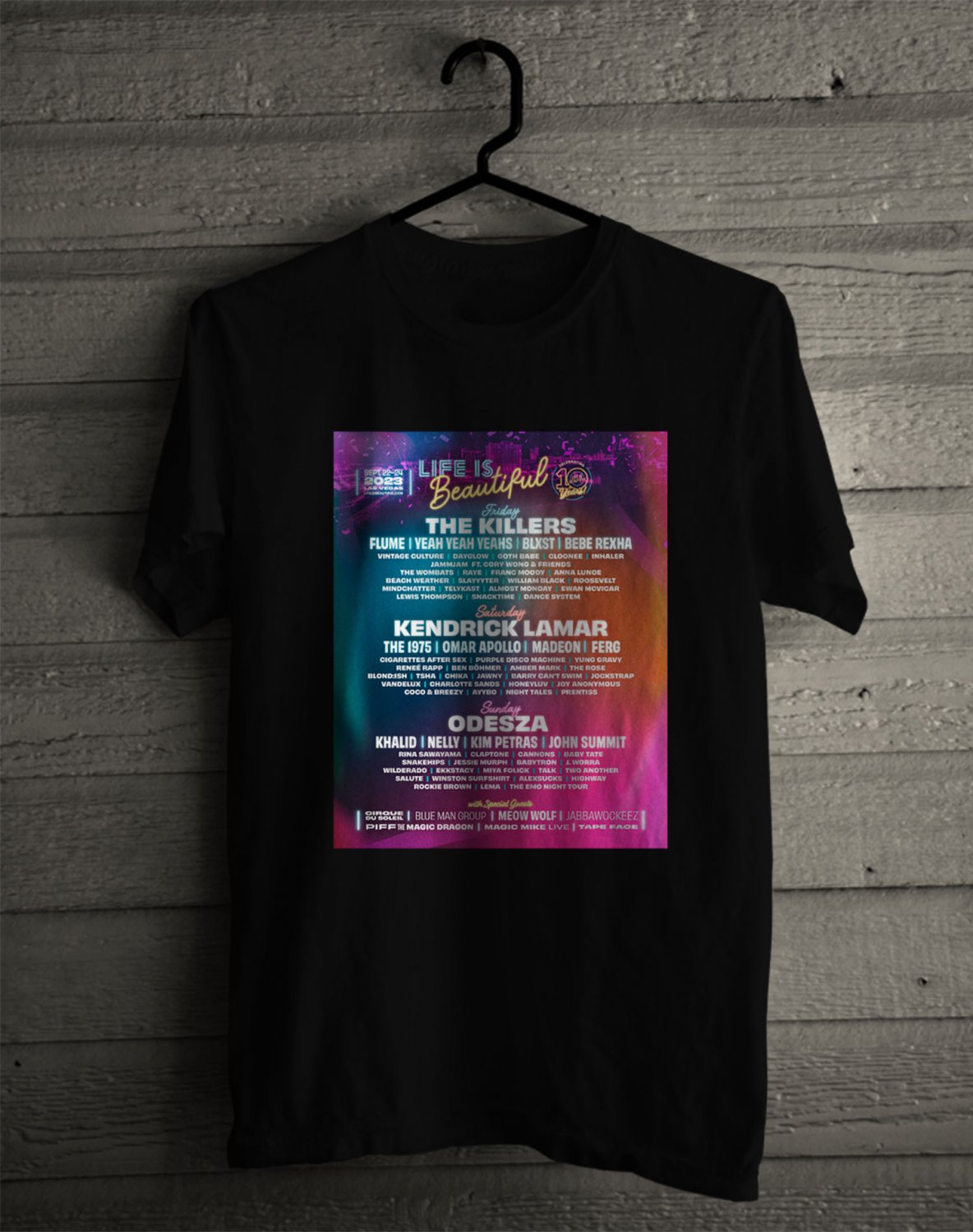 LIFE IS BEAUTIFUL 10YEARS ANNUAL MUSIC FESTIVAL LINEUP 2023 FRONT SIDE BLACK TEE ADL01