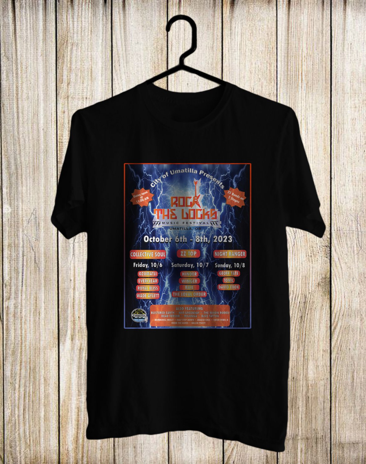 ROCK THE LOCK MUSIC FESTIVAL LINEUP 2023 FRONT SIDE BLACK TEE ADL01