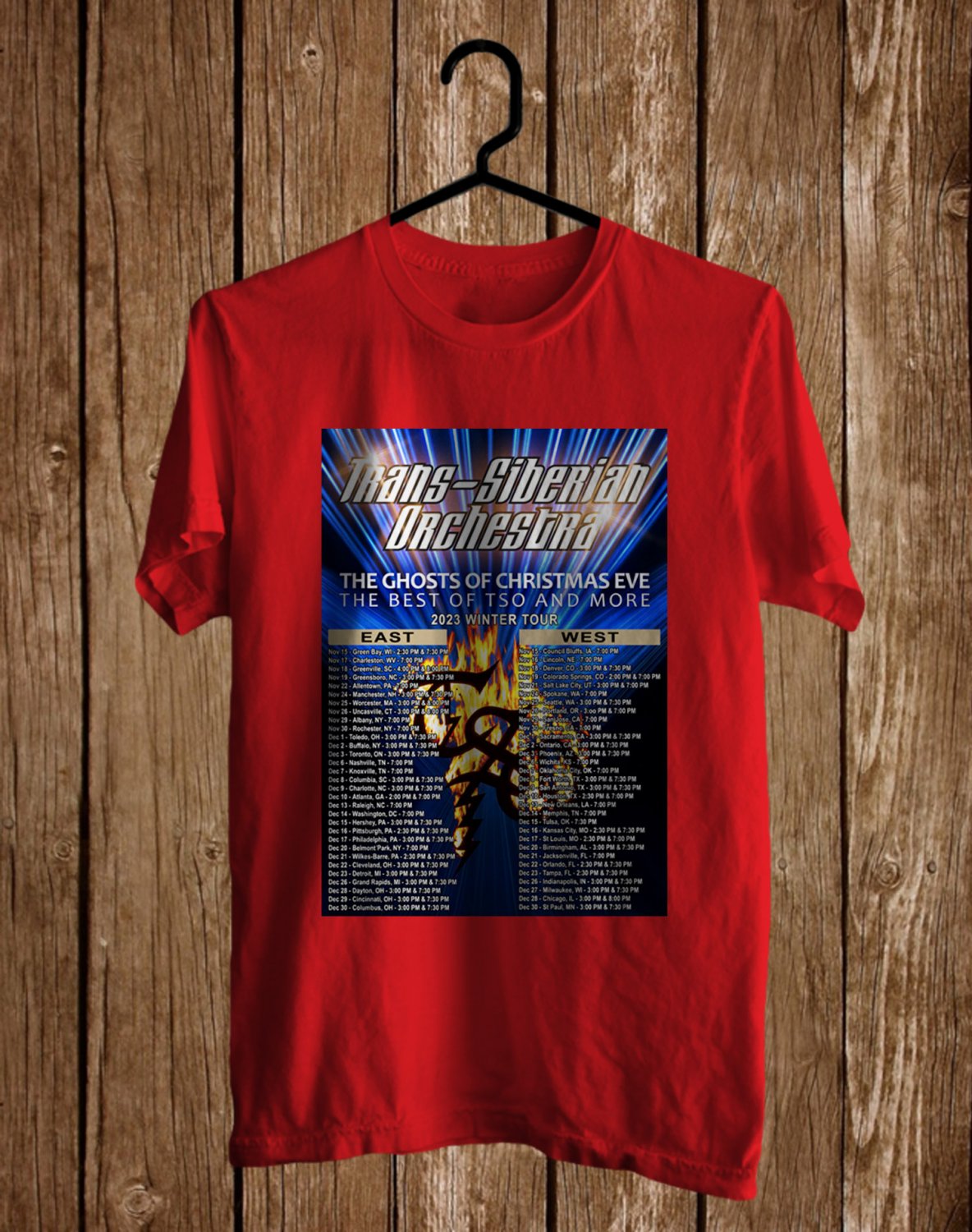 TRANS SIBERIAN ORCHESTRA EAST WEST WINTER TOUR DATE 2023 FRONT SIDE RED TEE ADL01