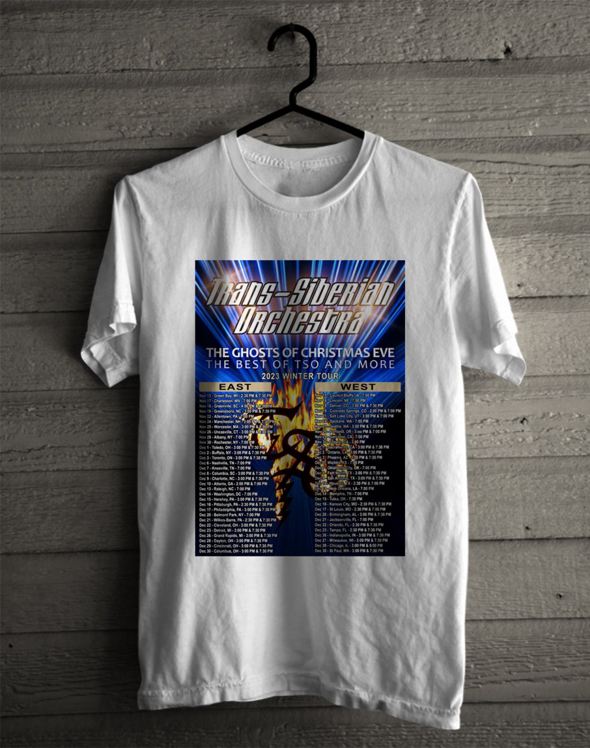 TRANS SIBERIAN ORCHESTRA EAST WEST WINTER TOUR DATE 2023 FRONT SIDE WHITE TEE ADL01