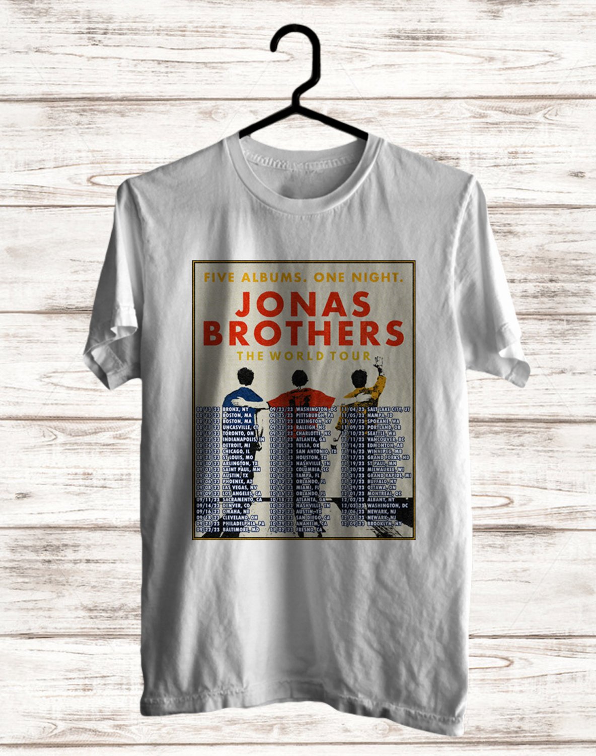JONAS BROTHERS 5 ALBUM 1 NIGHT WORLD TOUR DATE 2023 FRONT SIDE WHITE TEE ADL01