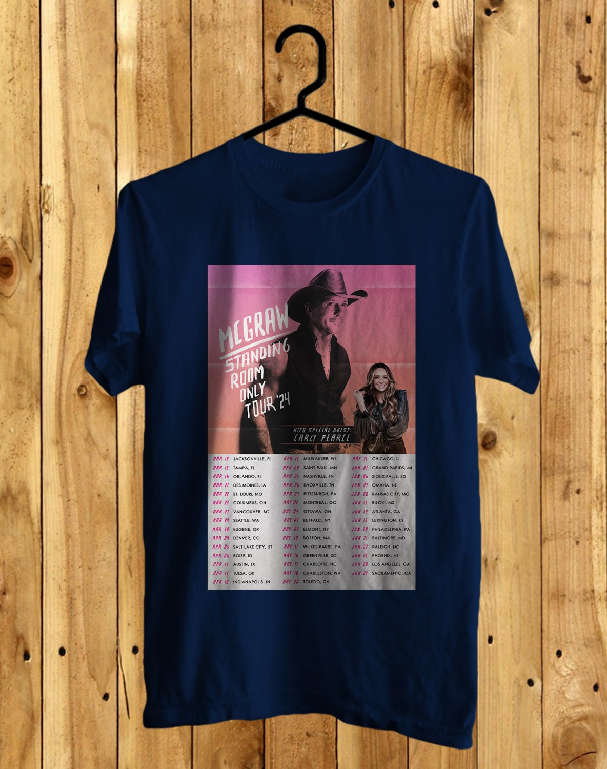 TIM McGRAW STANDING ROOM ONLY N.AMERICA TOUR DATE 2024 FRONT SIDE NAVY TEE ADL01