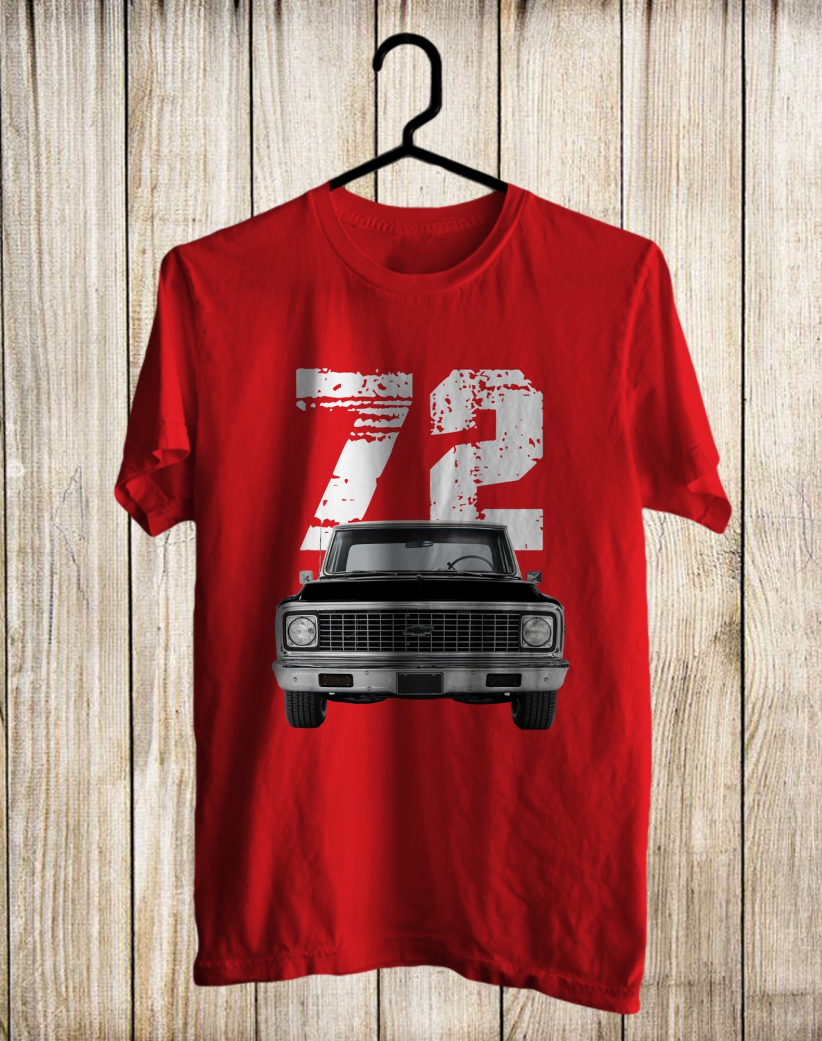 CHEVROLET CHEVY C10 CHEYENNE 1972 WITH YEAR, CLASSIC CAR TSHIRT FRONT SIDE RED TEE ADL01