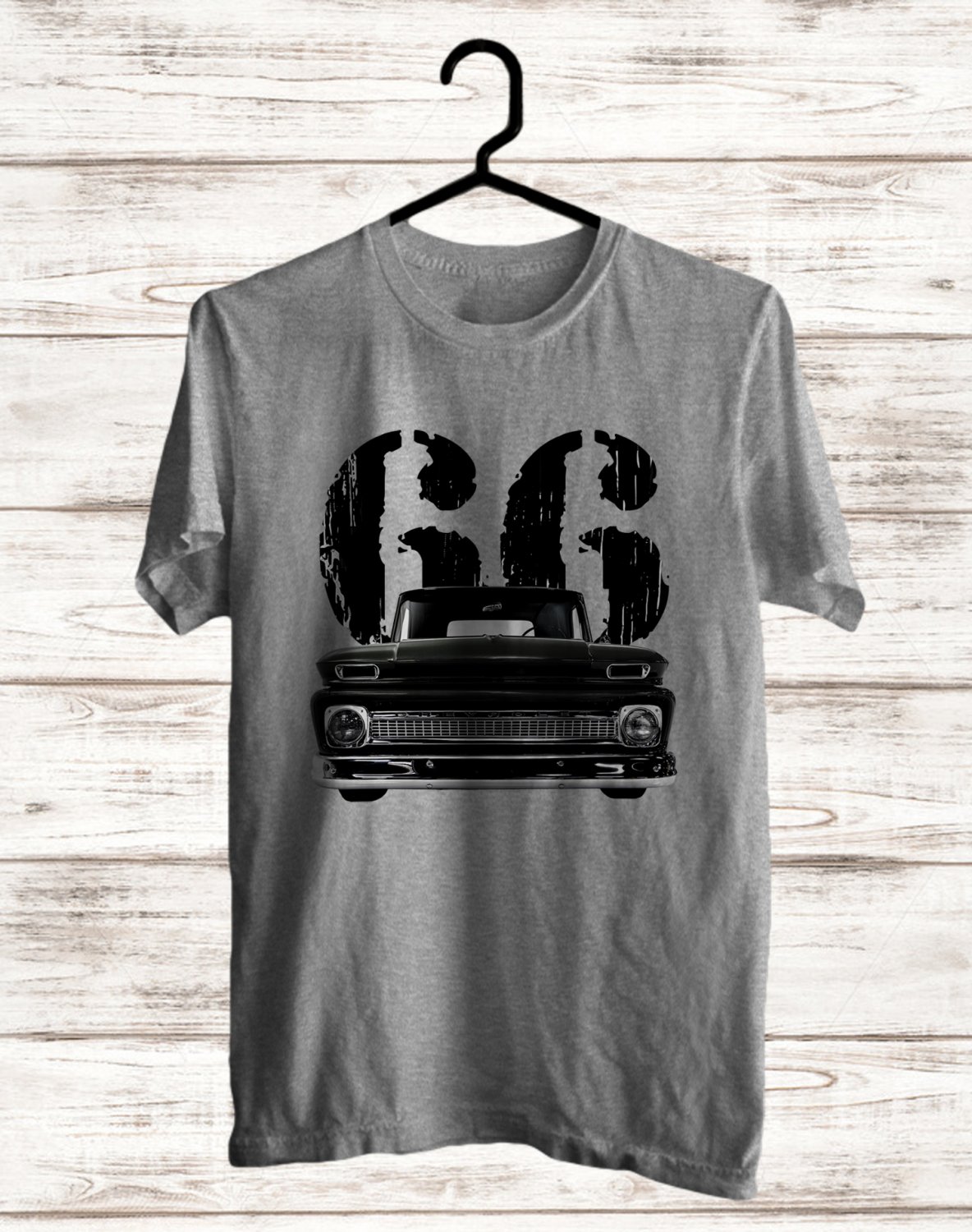 CHEVROLET CHEVY C10 CHEYENNE 1966 WITH YEAR, CLASSIC CAR TSHIRT FRONT SIDE GREY TEE ADL01