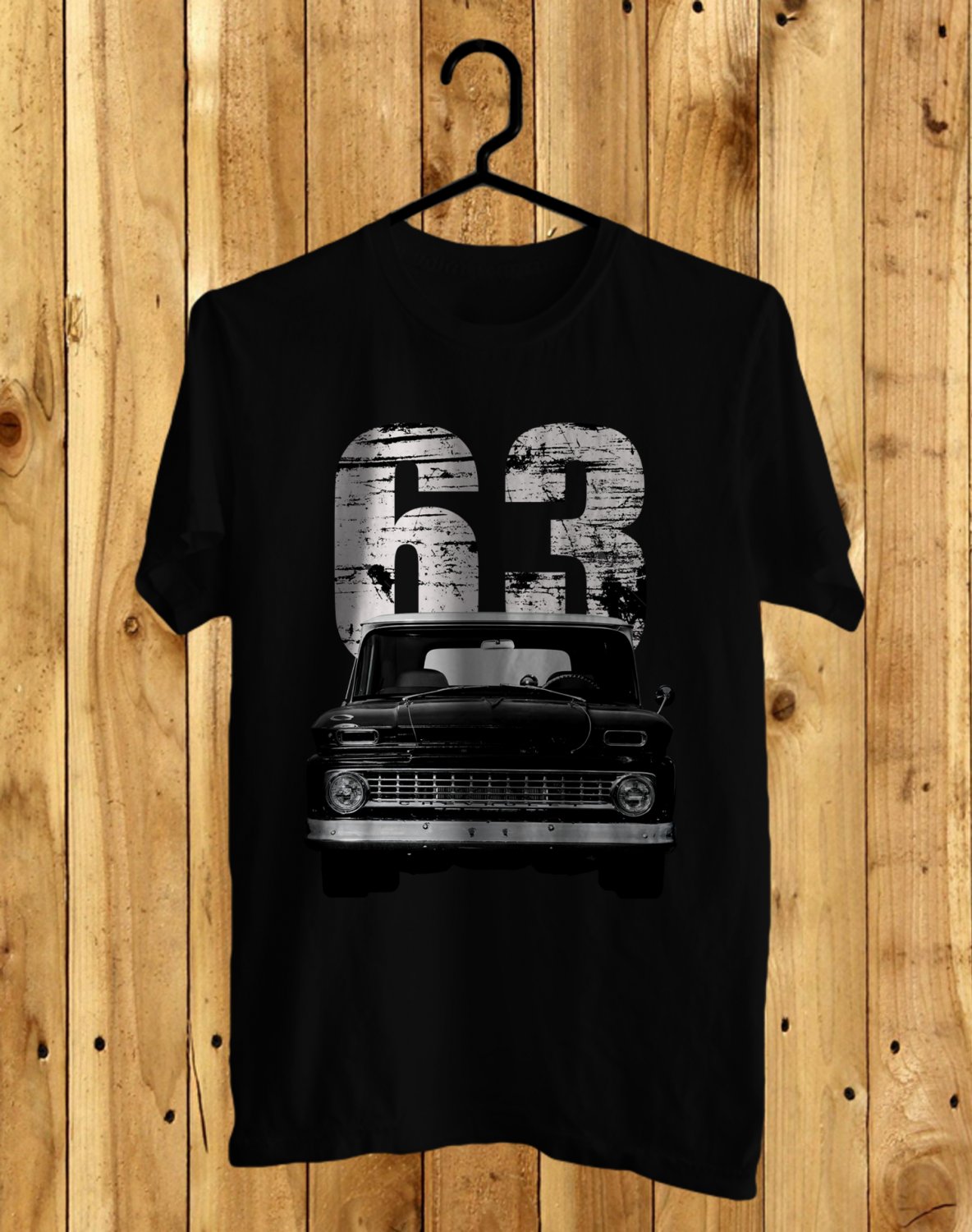 CHEVROLET CHEVY C10 1963 WITH YEAR, CLASSIC CAR TSHIRT FRONT SIDE BLACK TEE ADL02