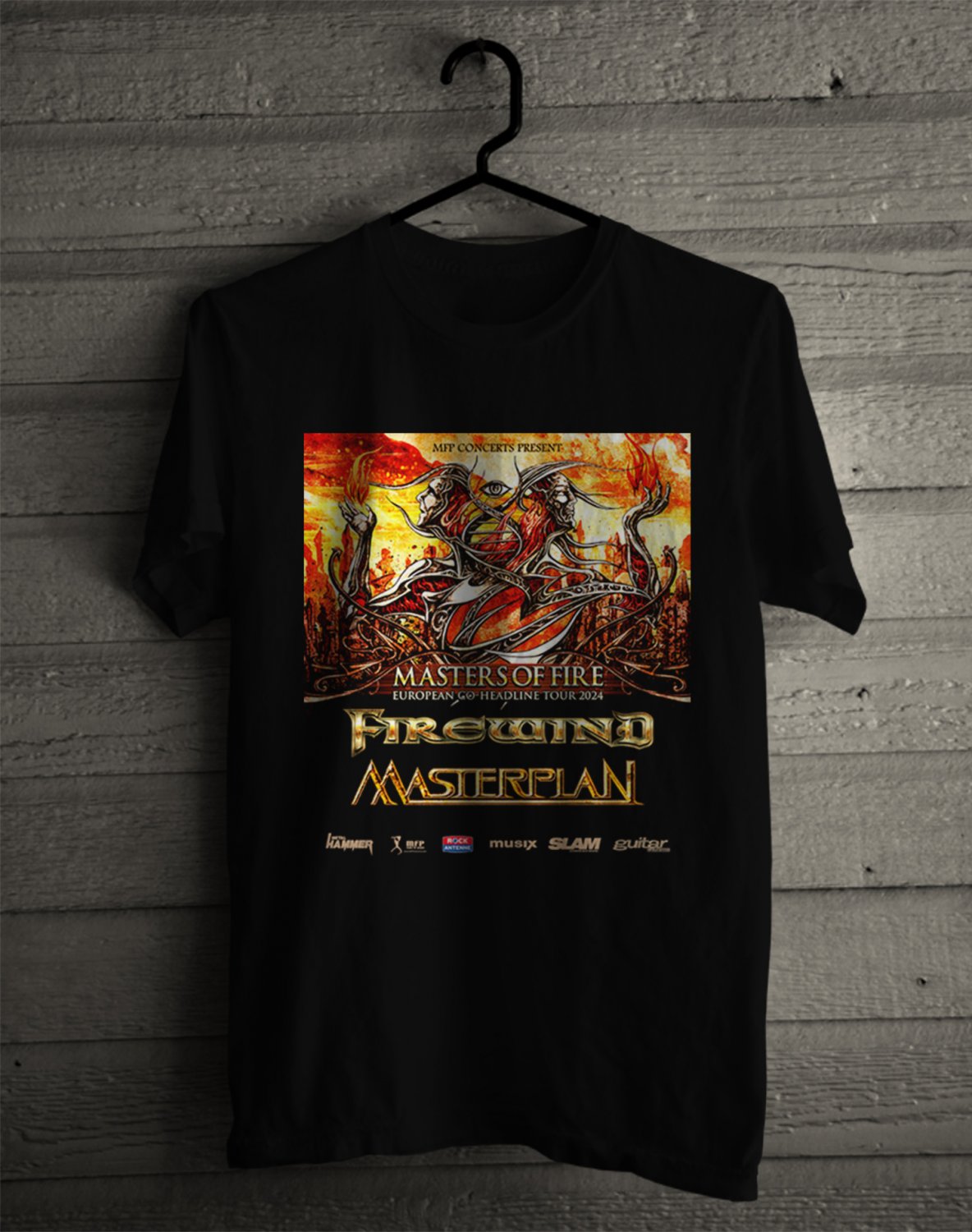 FIREWIND & MASTERPLAN MASTER OF FIRE TOUR 2024 FRONT SIDE BLACK UNISEX TEE ADL01