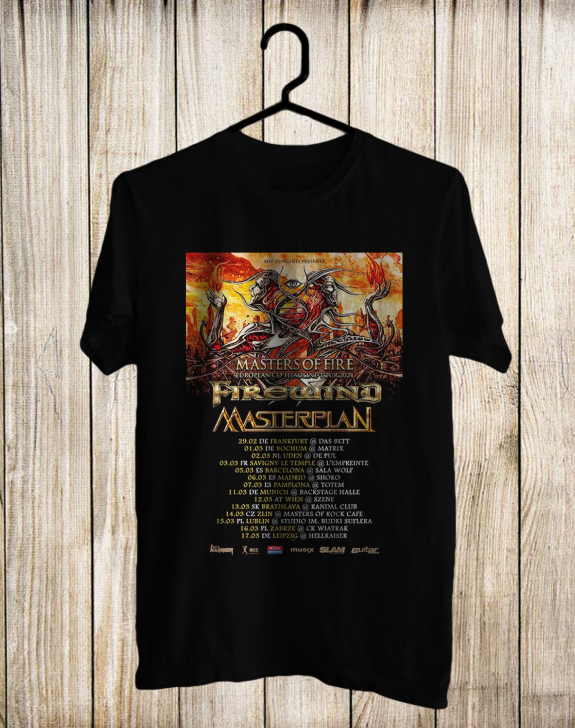 FIREWIND & MASTERPLAN MASTER OF FIRE TOUR DATE 2024 FRONT SIDE BLACK UNISEX TEE ADL01