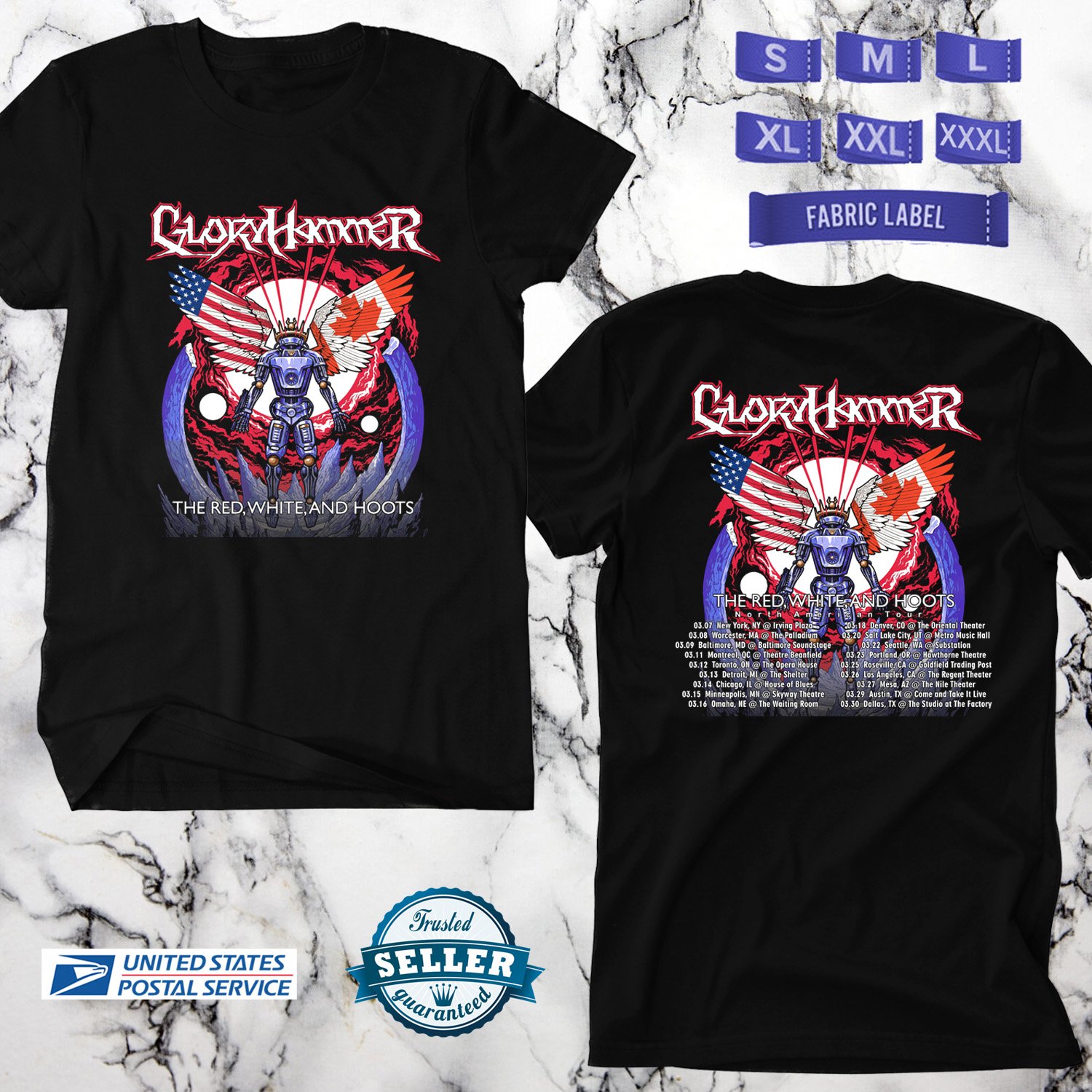 GLORY HAMMER THE RED,WHITE AND HOOTS TOUR 2024, GLORY HAMMER TOUR,UNISEX TEE ADL01