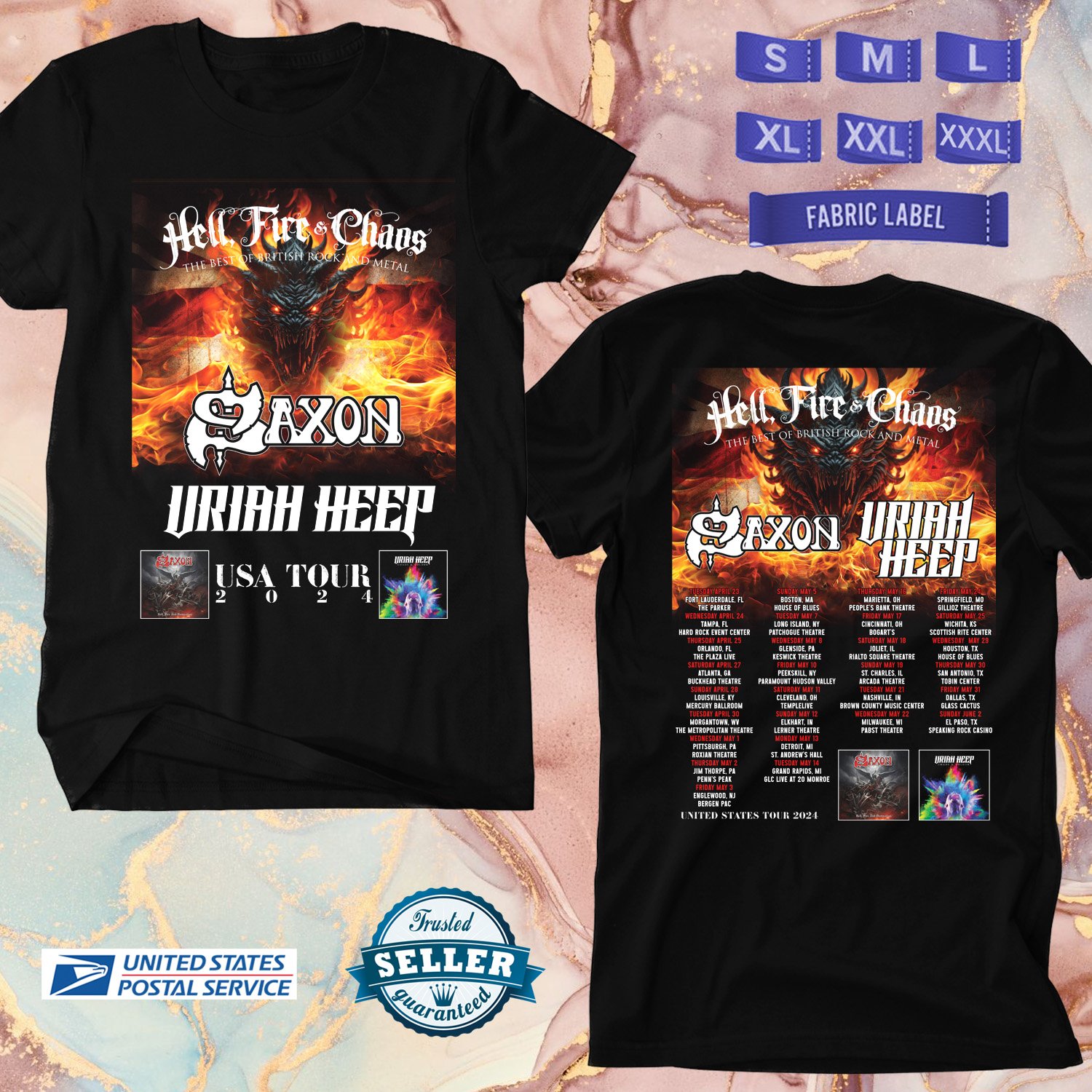 SAXON & URIH HEEP HELL FIRE & CHAOS TOUR 2024, SAXON TOUR, SAXON T SHIRT,UNISEX TEE ADL01